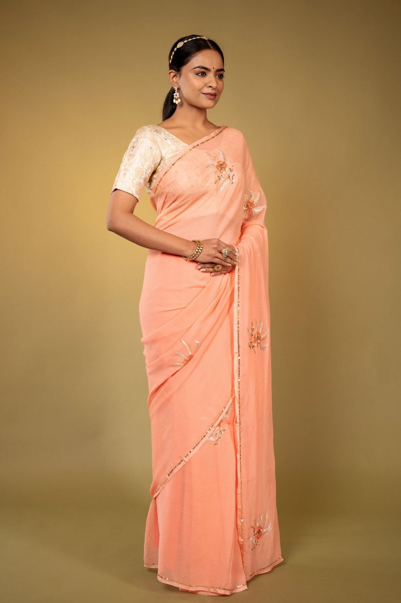 peach pure chiffon aari sequins  handwork saree
