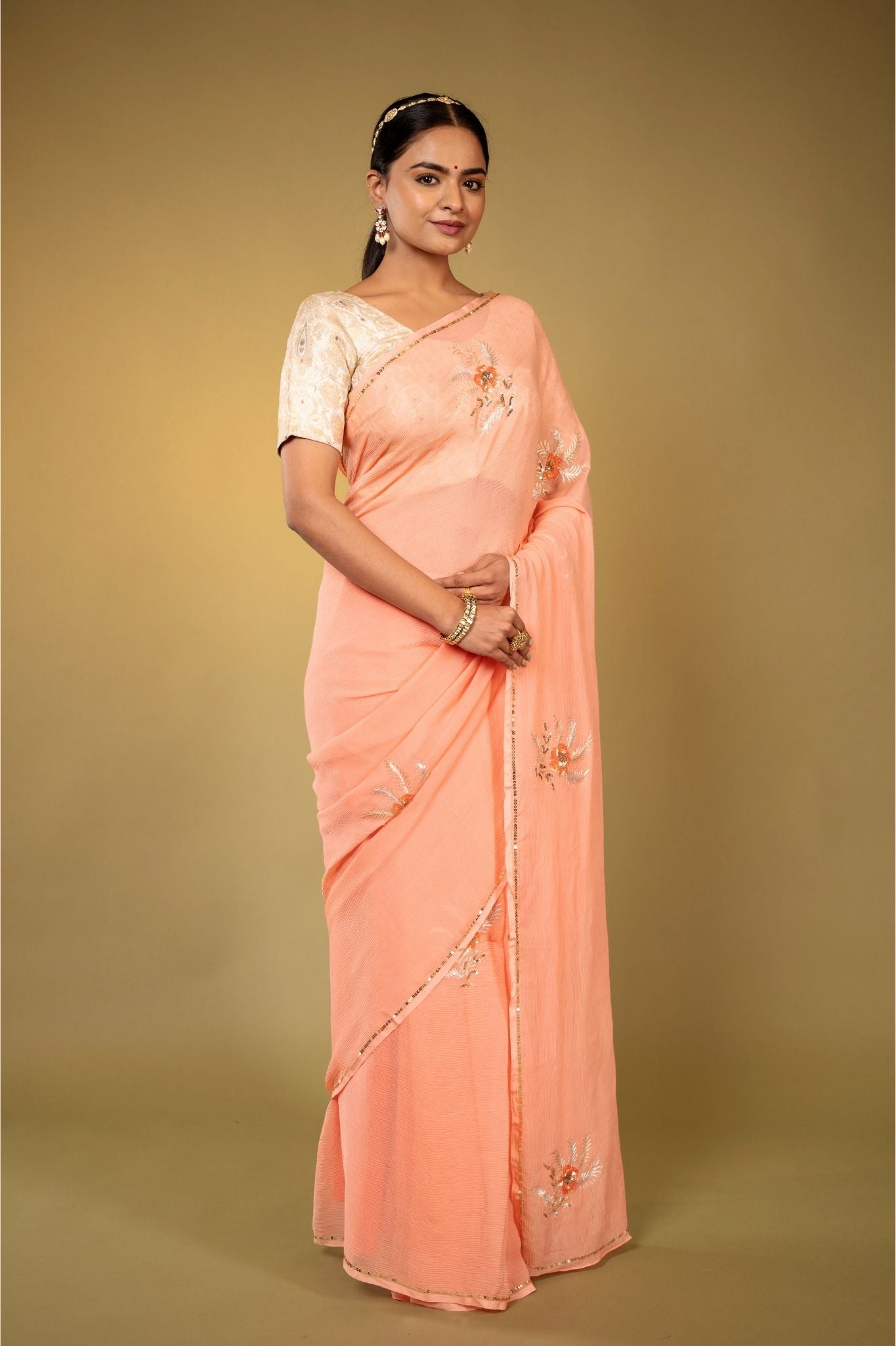 peach pure chiffon aari sequins  handwork saree