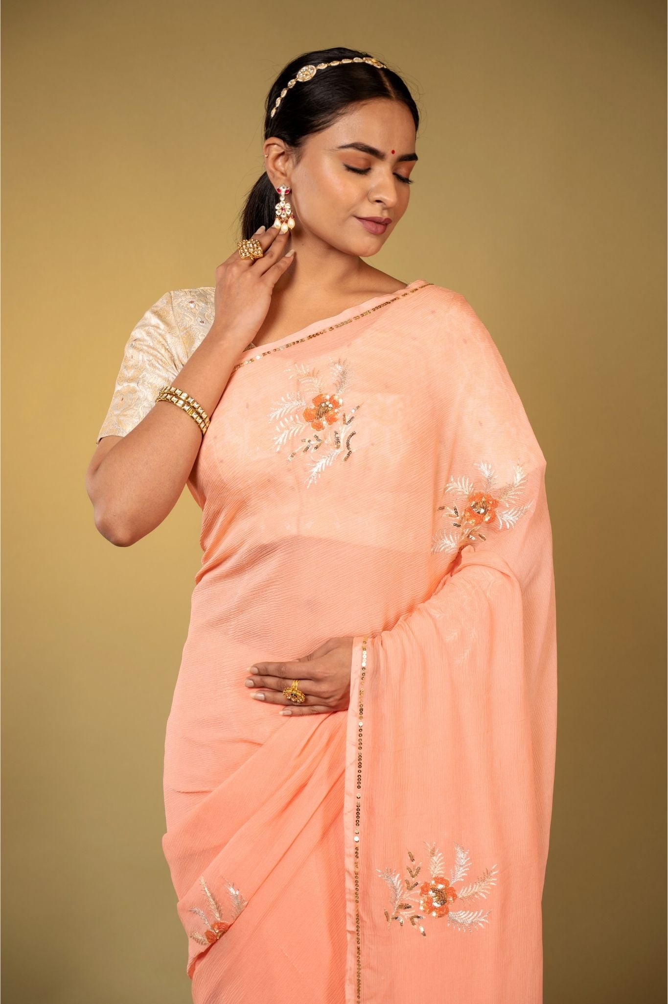 peach pure chiffon aari sequins  handwork saree