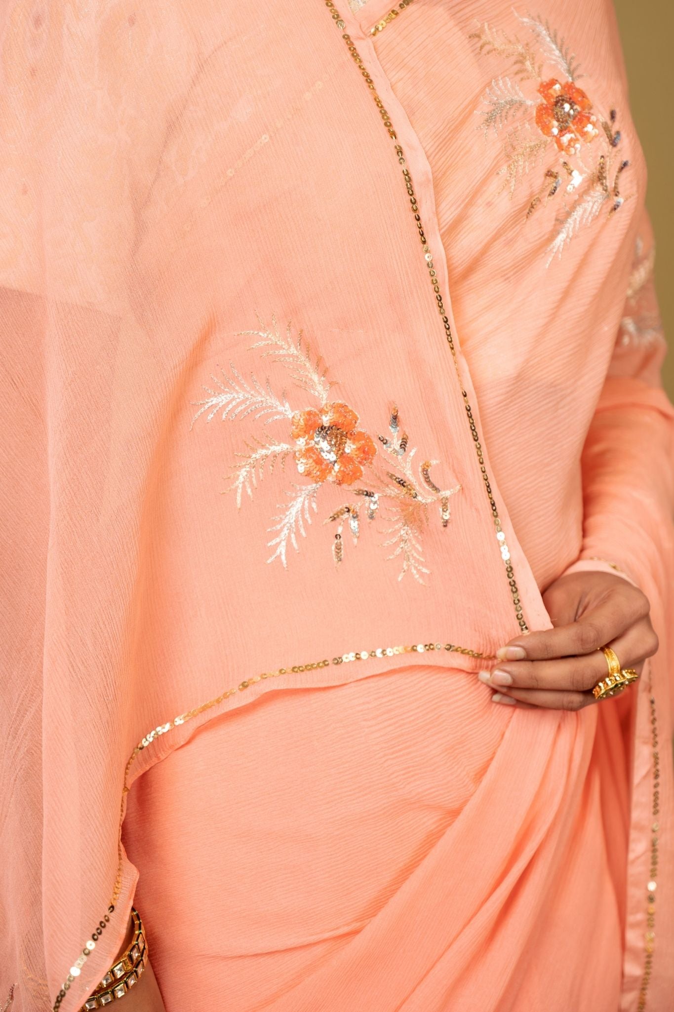 peach pure chiffon aari sequins  handwork saree