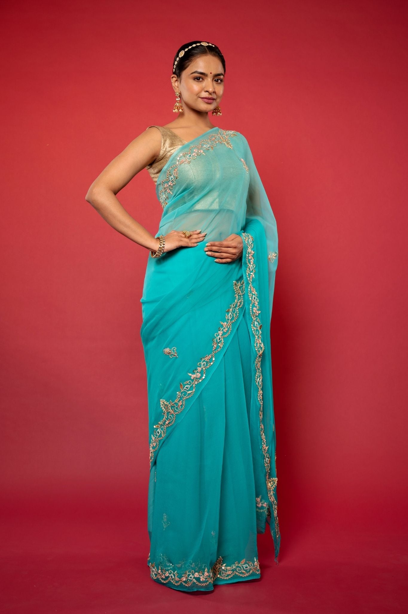 Turquoise  Viscose Chiffon aari sequins  handwork party wear saree