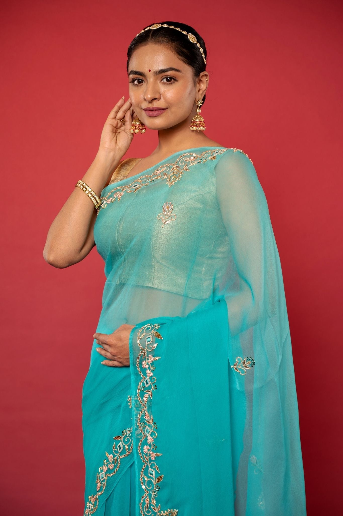 Turquoise  Viscose Chiffon aari sequins  handwork party wear saree