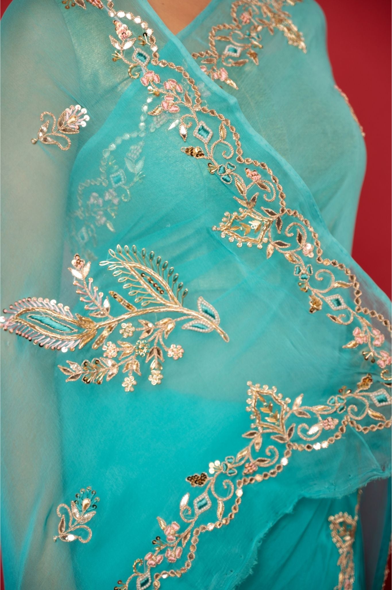 Turquoise  Viscose Chiffon aari sequins  handwork party wear saree