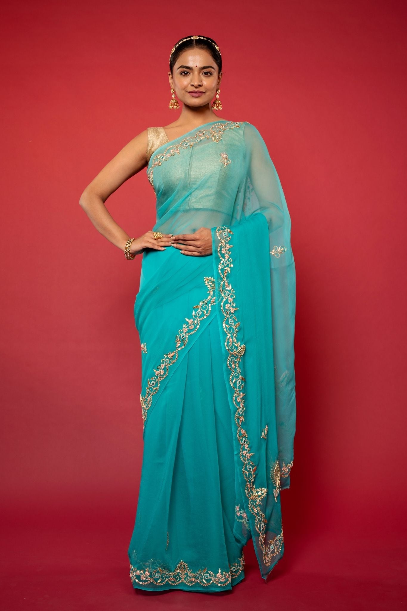 Turquoise  Viscose Chiffon aari sequins  handwork party wear saree