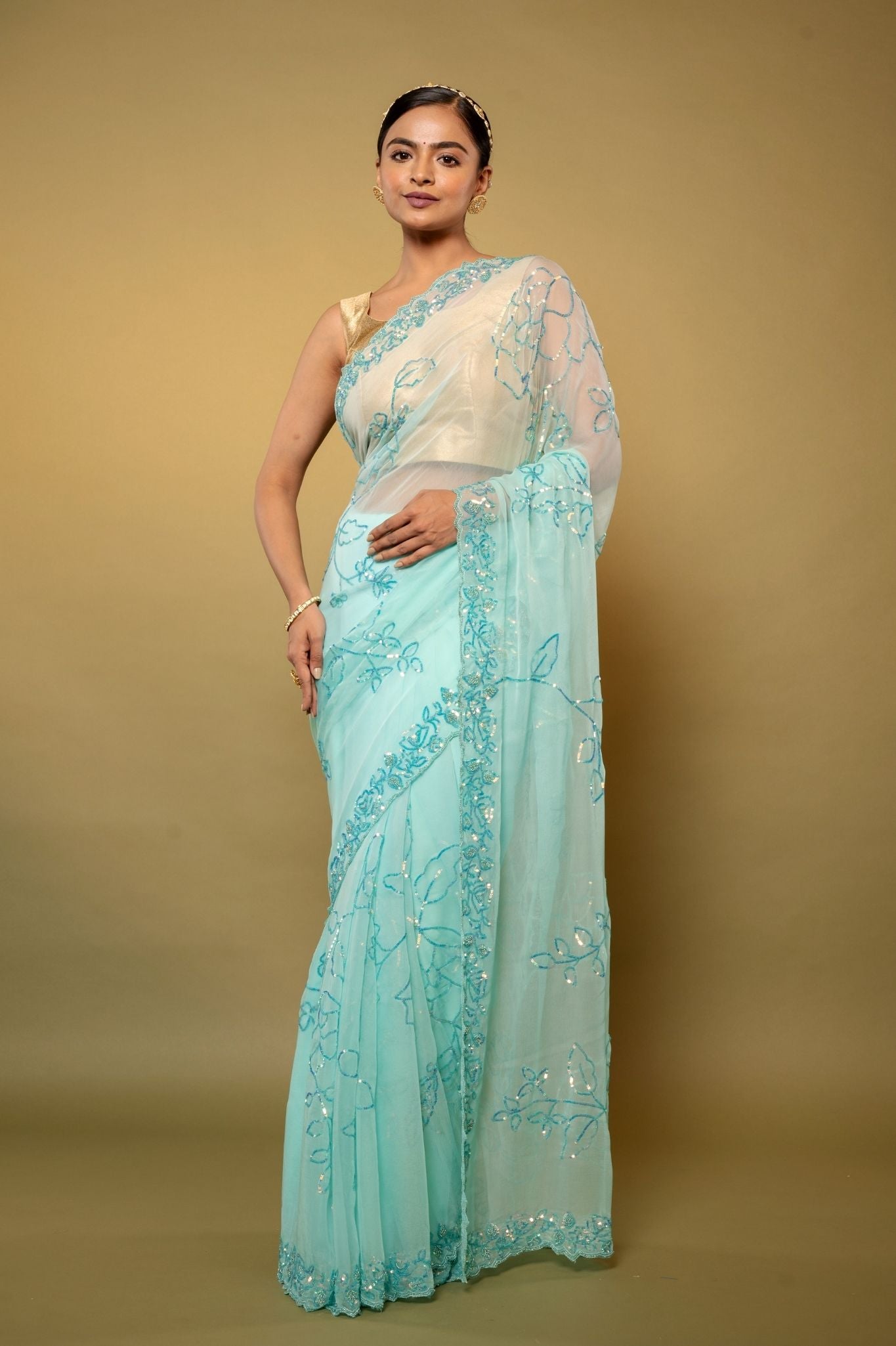 sky blue Viscose Chiffon sequins  handwork party wear saree