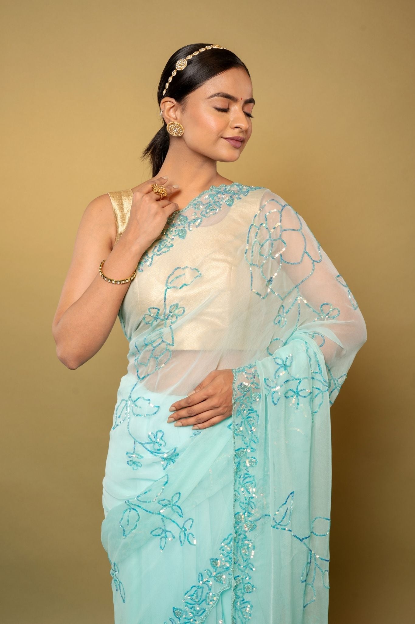 sky blue Viscose Chiffon sequins  handwork party wear saree