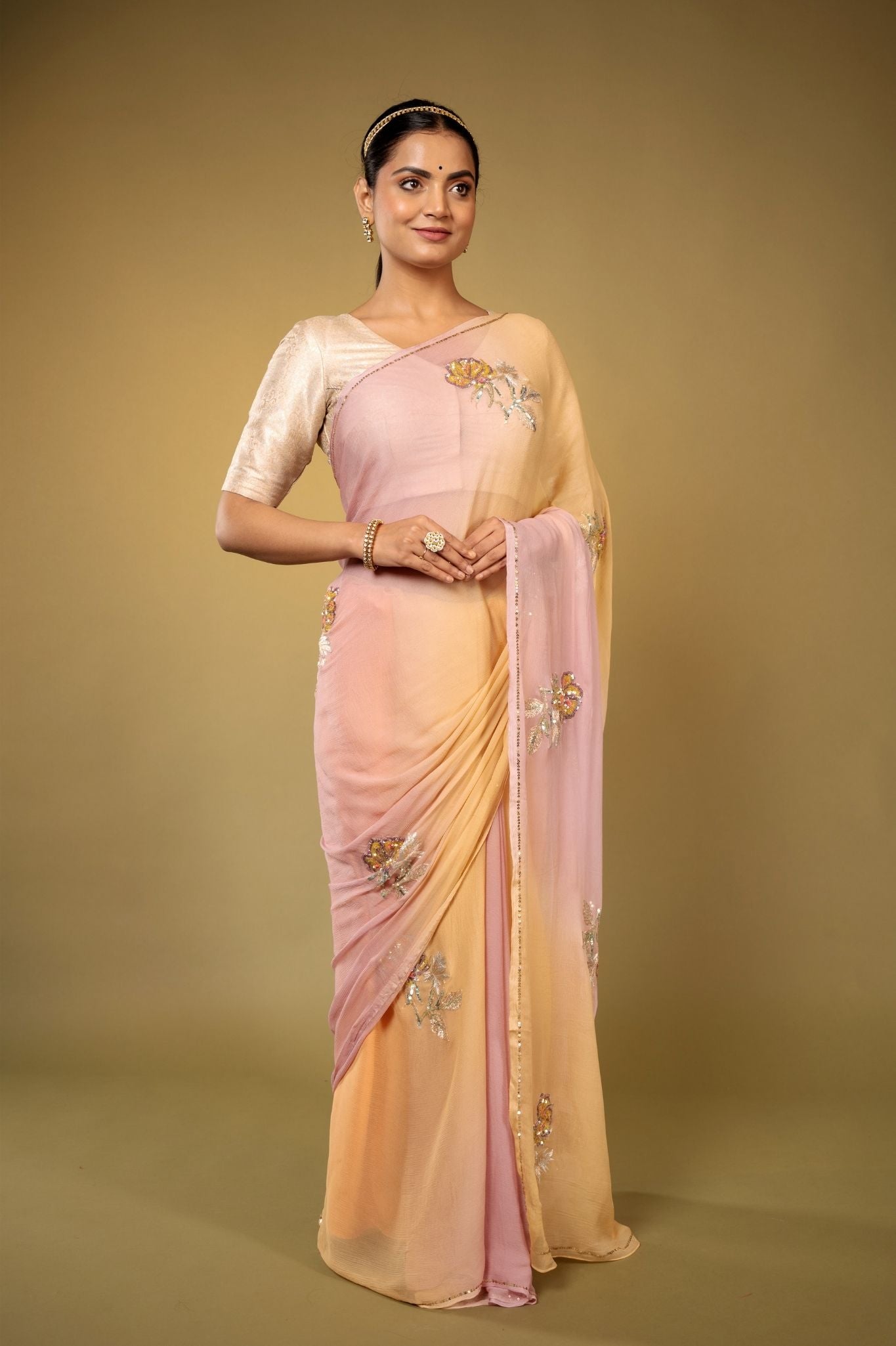 blush pink light peach pure chiffon aari sequins  handwork saree