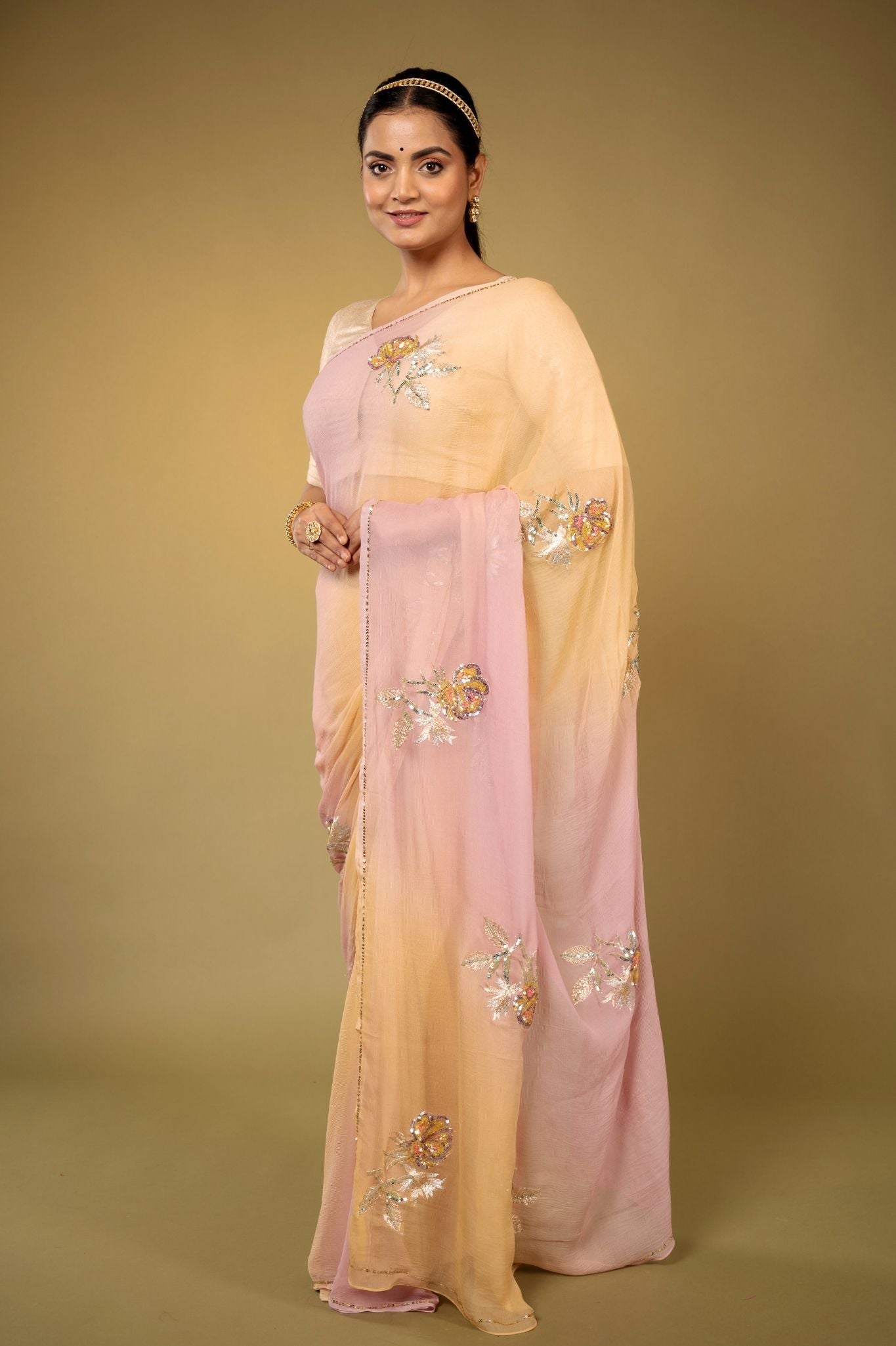 blush pink light peach pure chiffon aari sequins  handwork saree