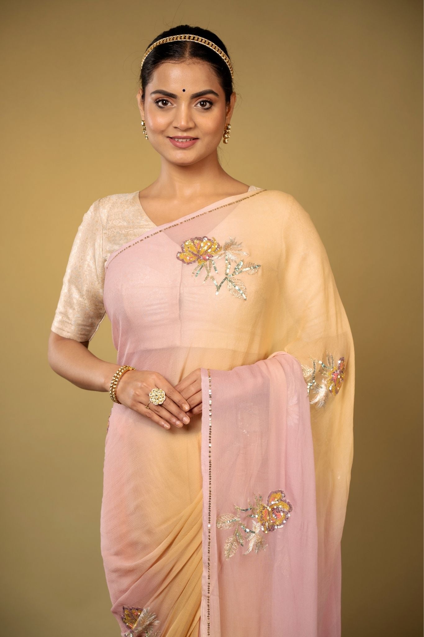 blush pink light peach pure chiffon aari sequins  handwork saree