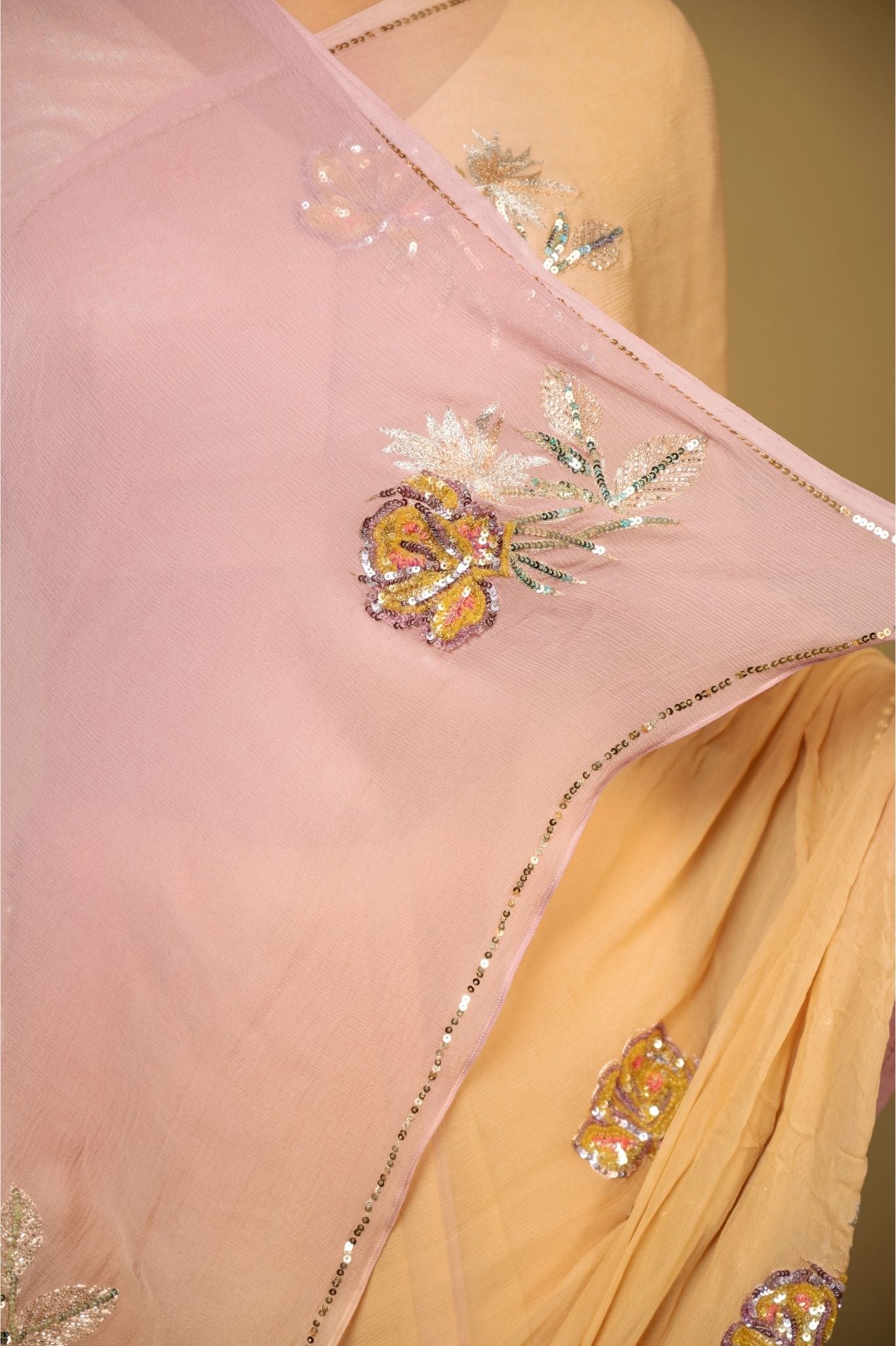 blush pink light peach pure chiffon aari sequins  handwork saree