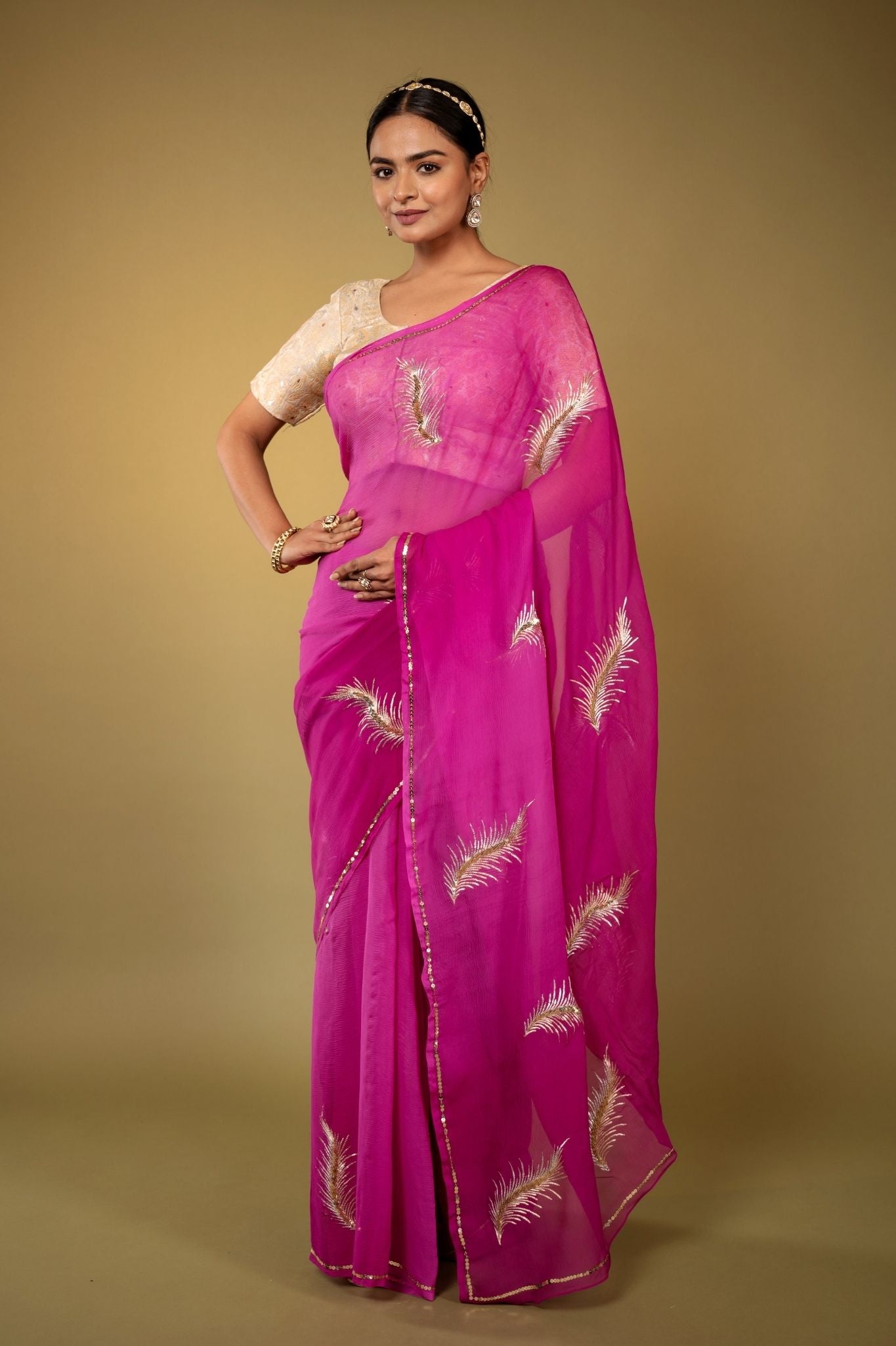 magenta Viscose Chiffon aari sequins  handwork party wear saree