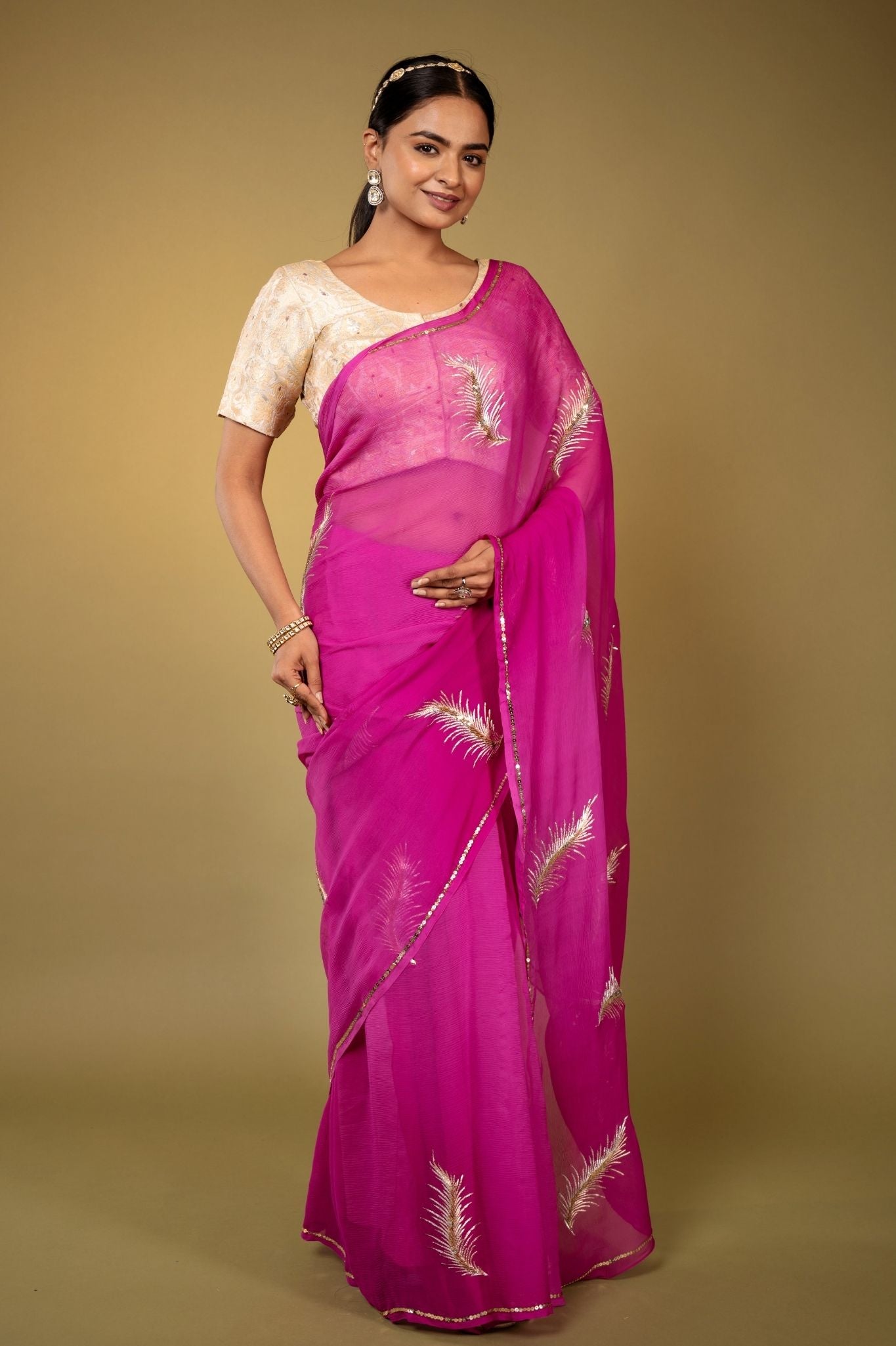 magenta Viscose Chiffon aari sequins  handwork party wear saree