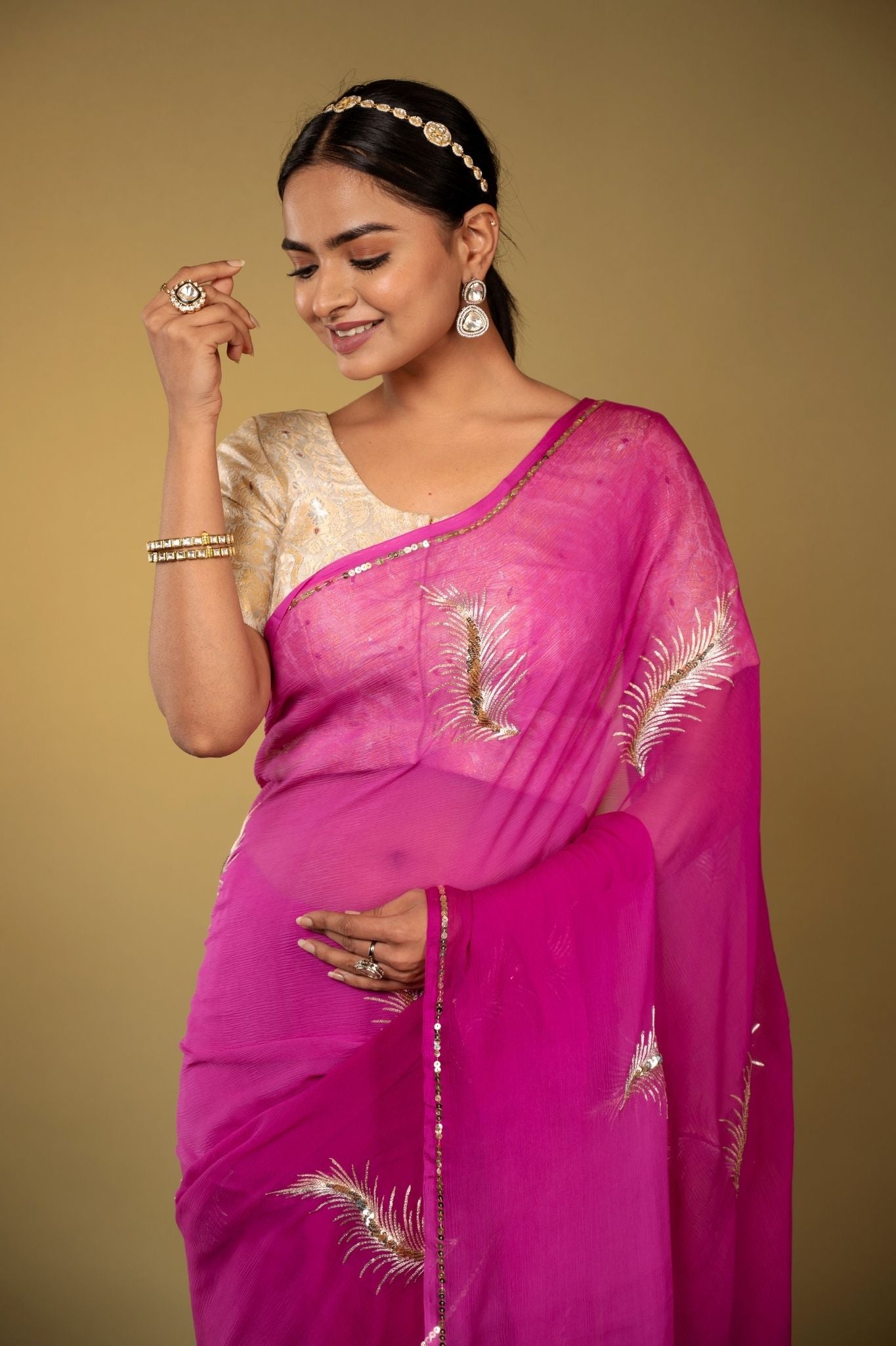 magenta Viscose Chiffon aari sequins  handwork party wear saree