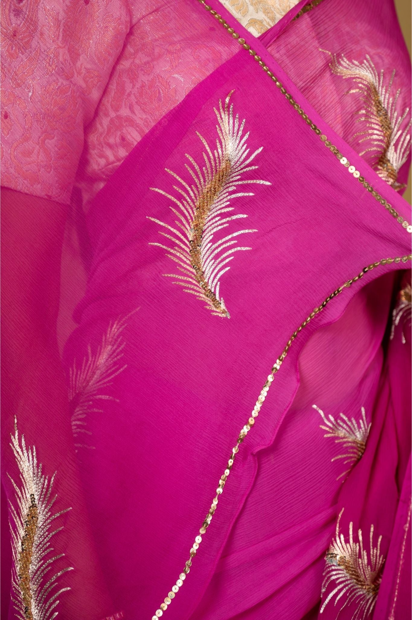 magenta Viscose Chiffon aari sequins  handwork party wear saree