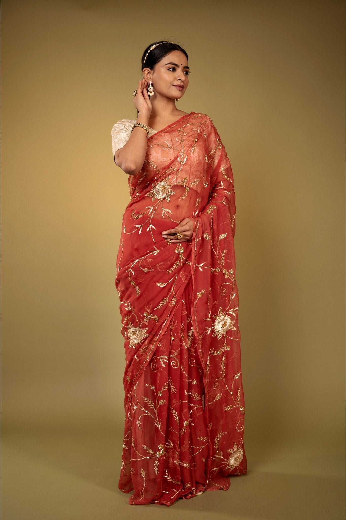 rust Viscose Chiffon aari sequins  jaal handwork party wear saree