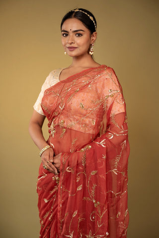 Brick Red Chiffon Saree