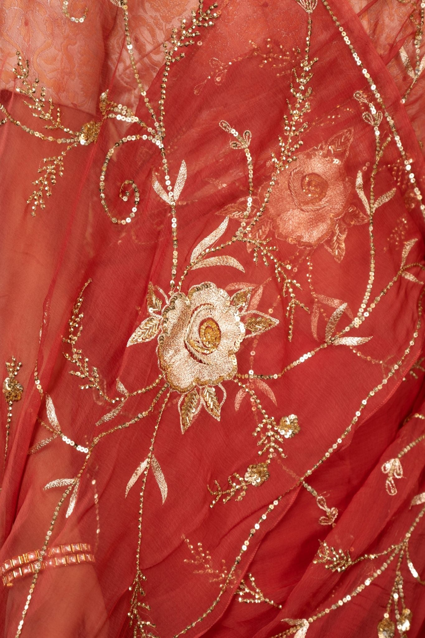 rust Viscose Chiffon aari sequins  jaal handwork party wear saree