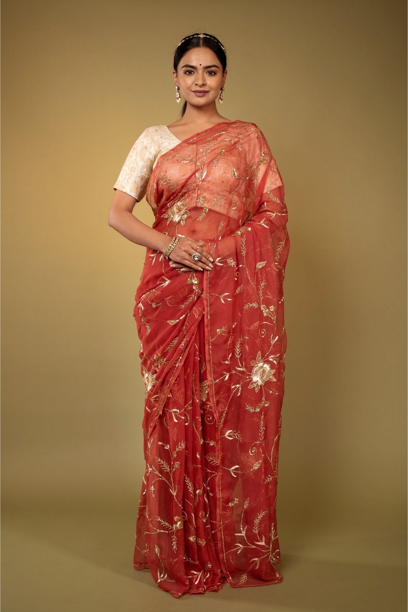 rust Viscose Chiffon aari sequins  jaal handwork party wear saree