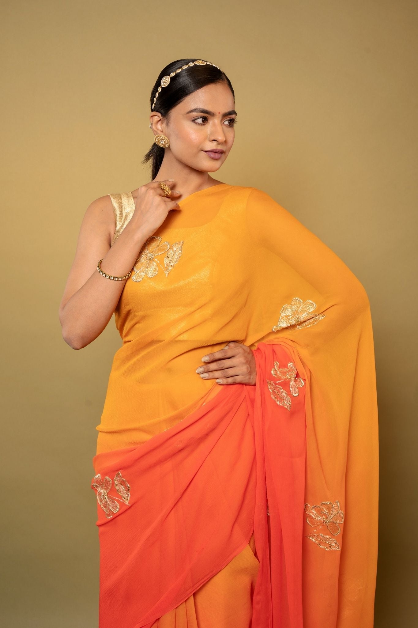 Orange light dark Viscose Chiffon aari sequins  handwork party wear saree