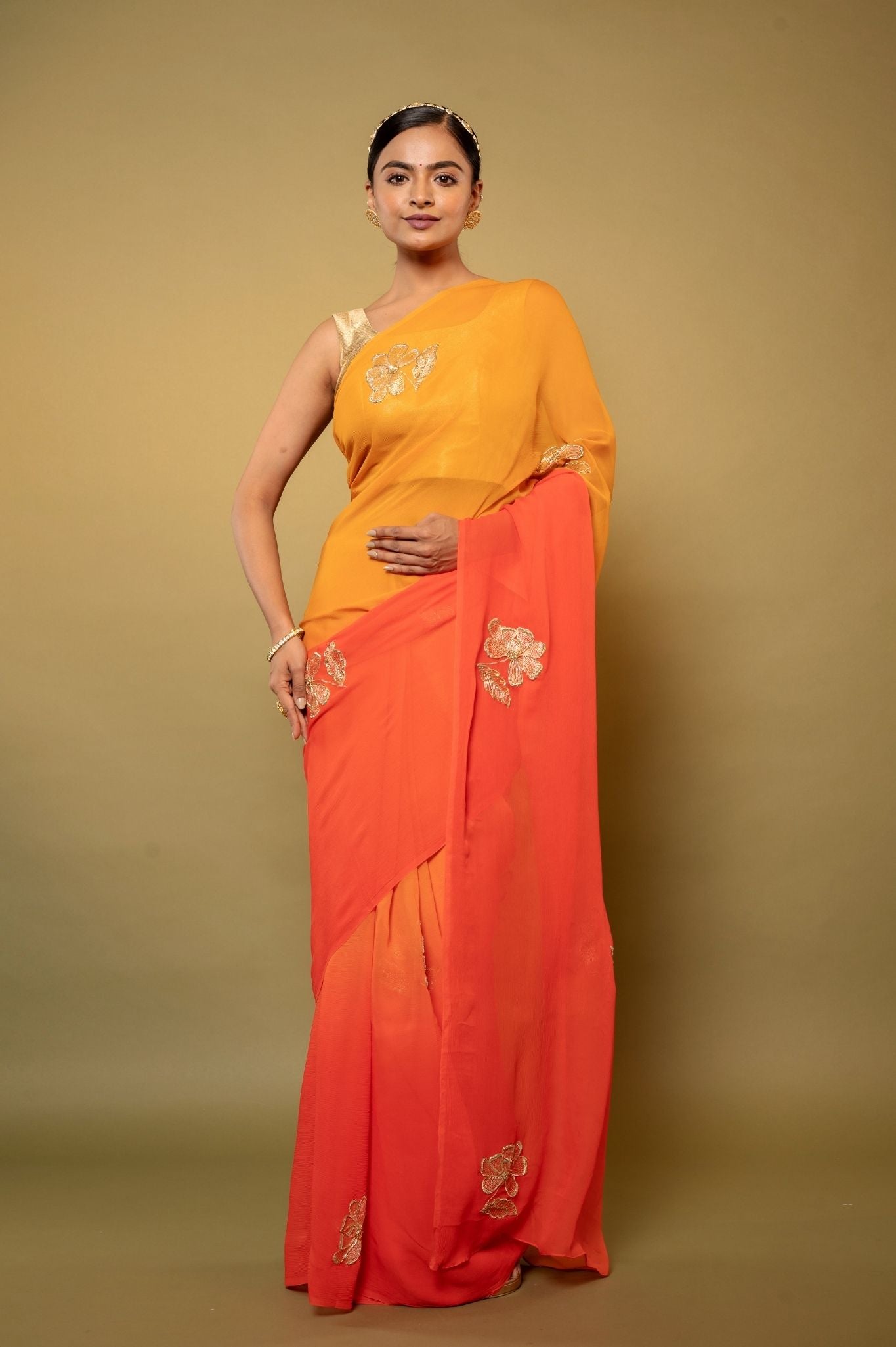 Orange light dark Viscose Chiffon aari sequins  handwork party wear saree