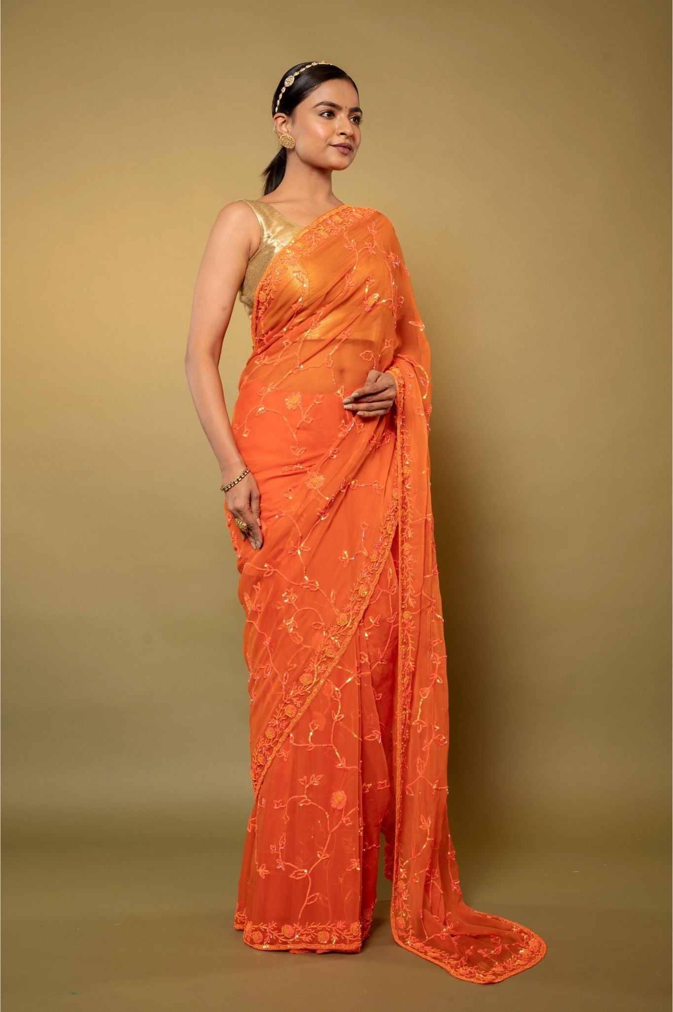 Orange Viscose Chiffon sequins  Pearl jaal  handwork party wear saree
