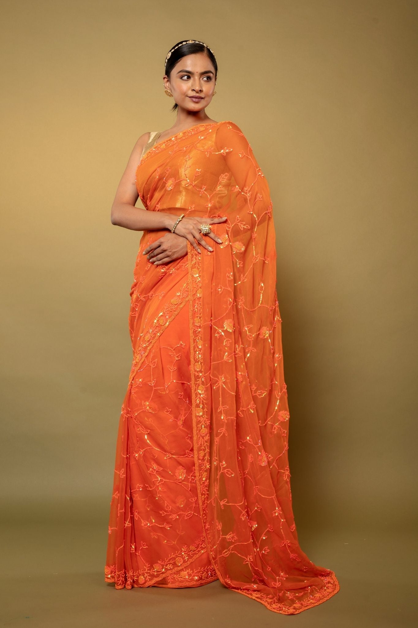 Orange Viscose Chiffon sequins  Pearl jaal  handwork party wear saree