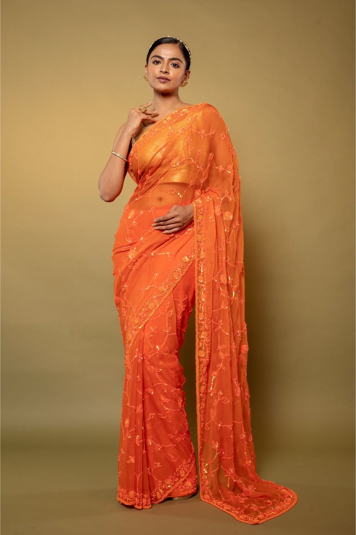 Orange Viscose Chiffon sequins  Pearl jaal  handwork party wear saree