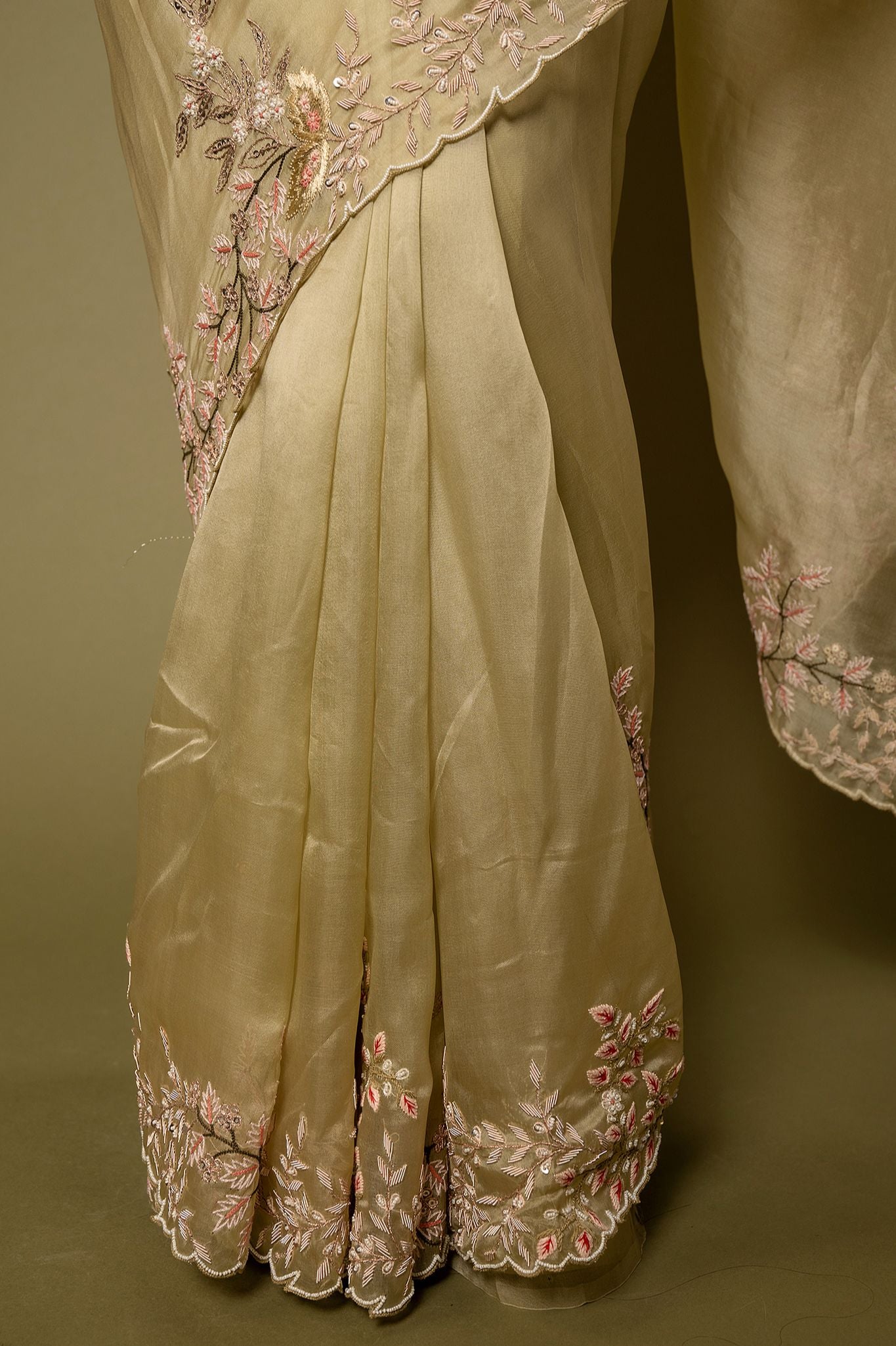 Olive green organza  Resham French Knot Dabka border butti handwork saree