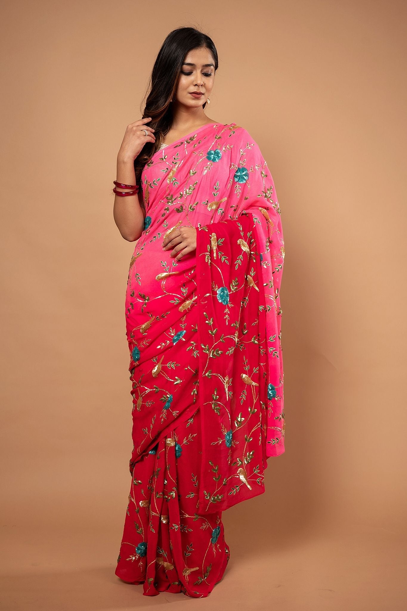 Gajri Pink light dark pure chiffon aari sequins  jaal handwork saree