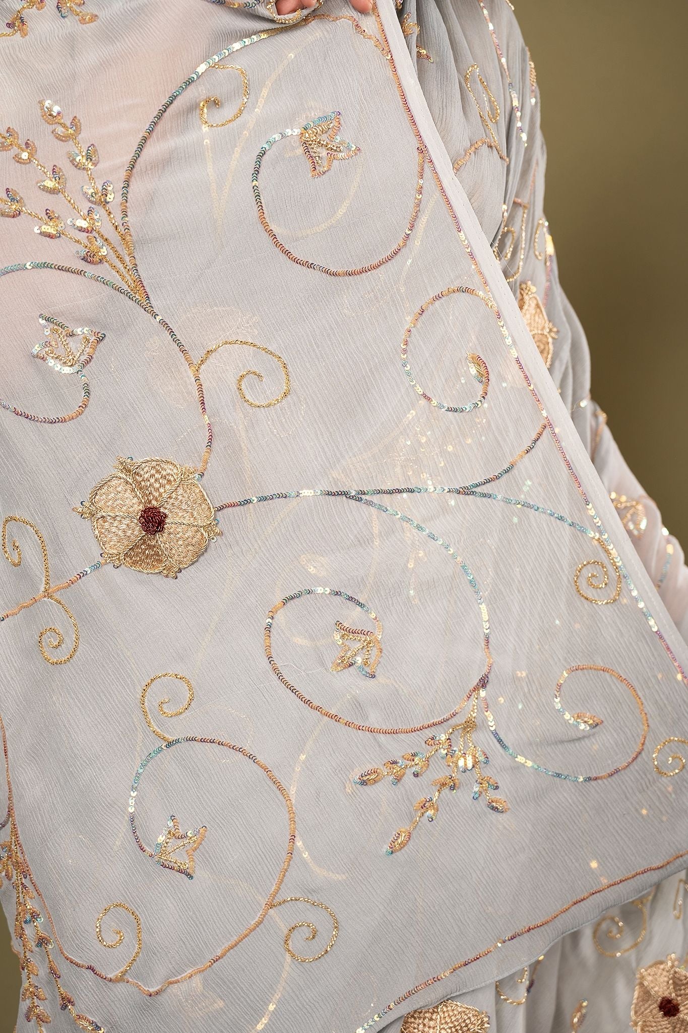 Grey pure chiffon sequins zari jaal handwork saree