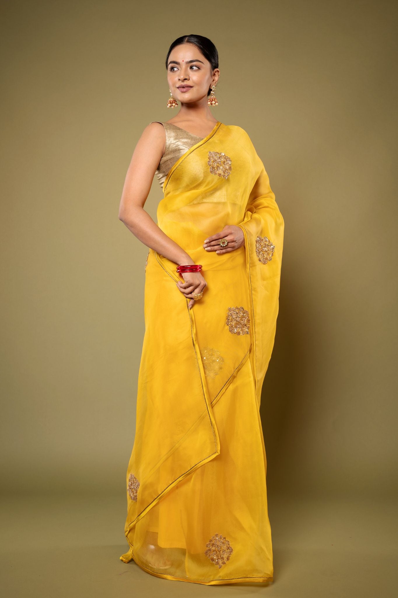 yellow Organza  Zardozi Motif handwork saree