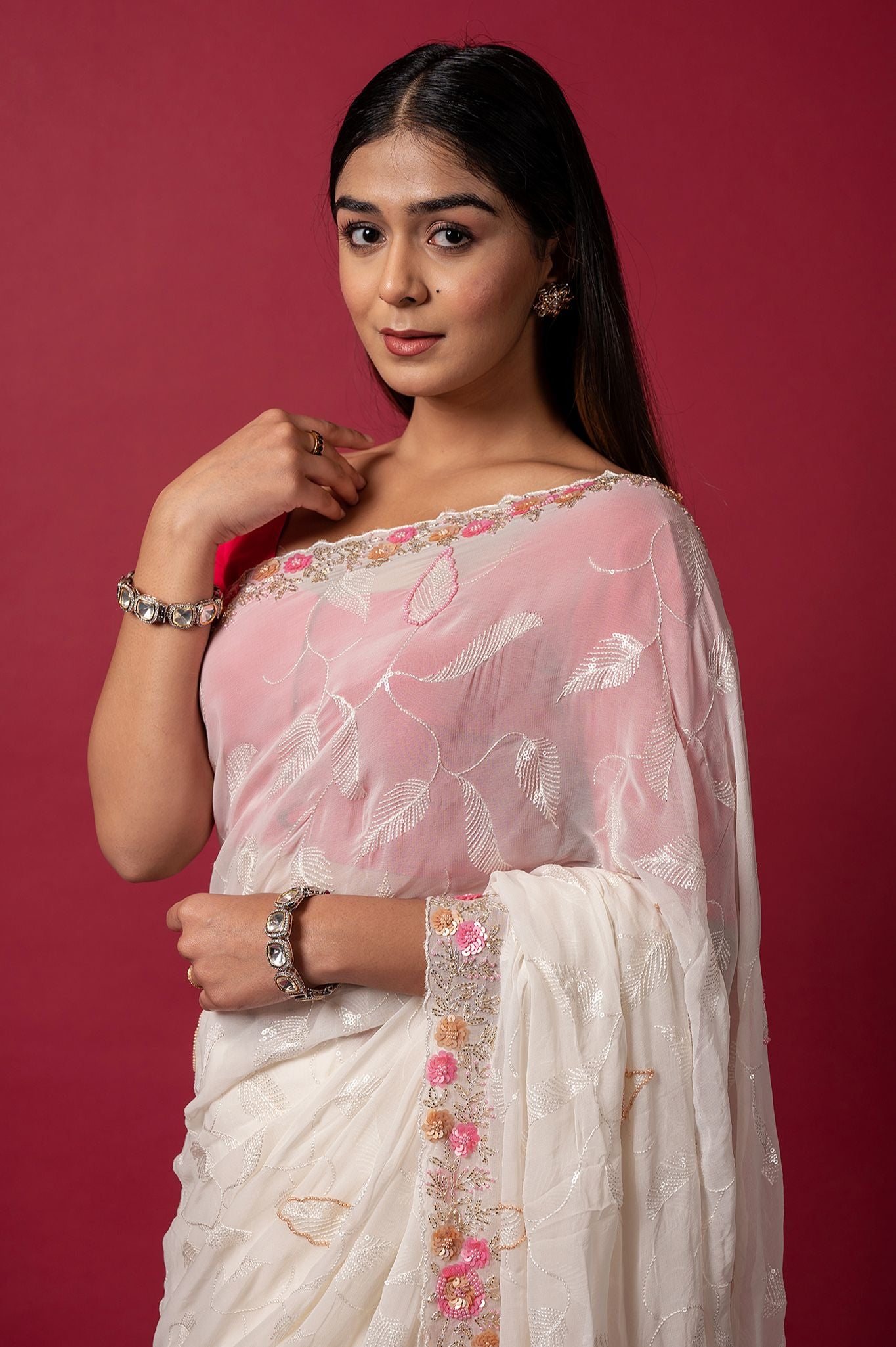 white organza  sequins kardana handwork saree