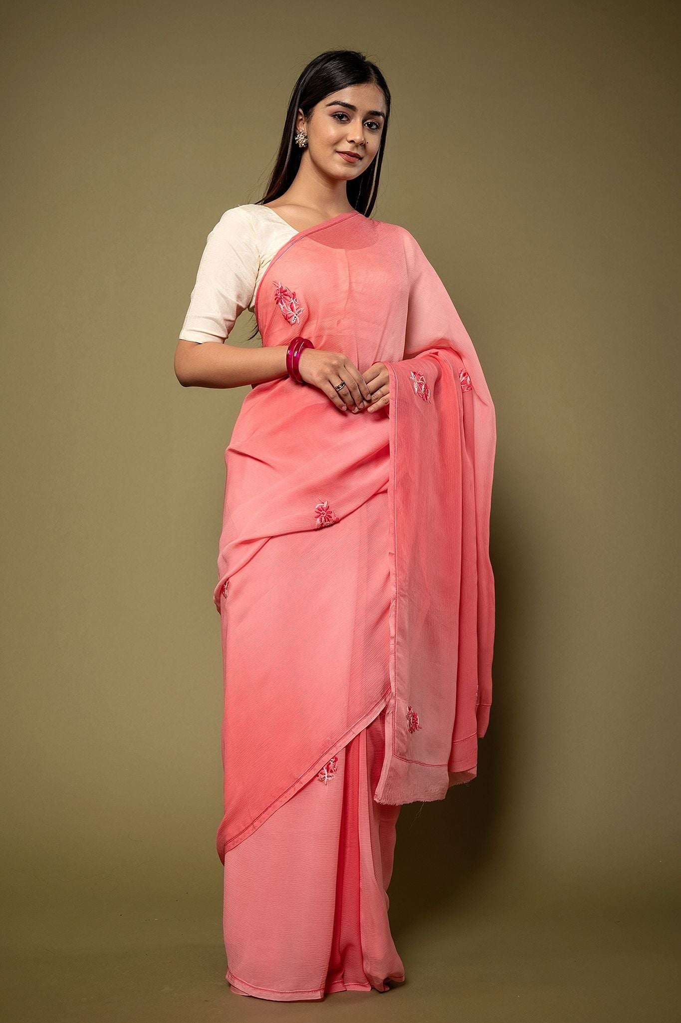 Peach Pink Pure Chiffon Resham Motif handwork saree