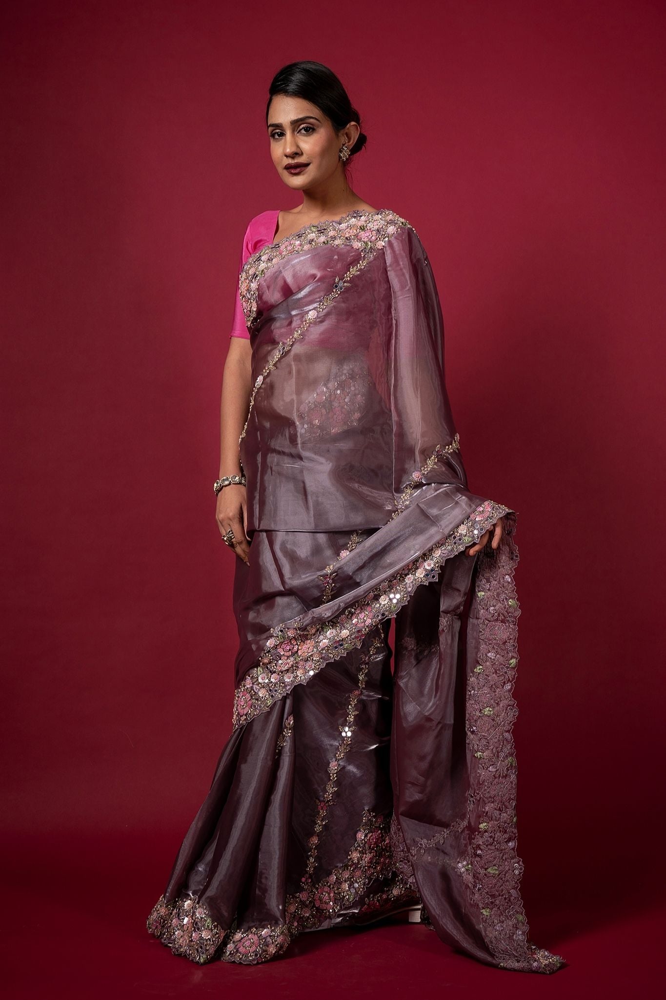 Purple Tissue organza pearl  sequins kardana resham handwork saree