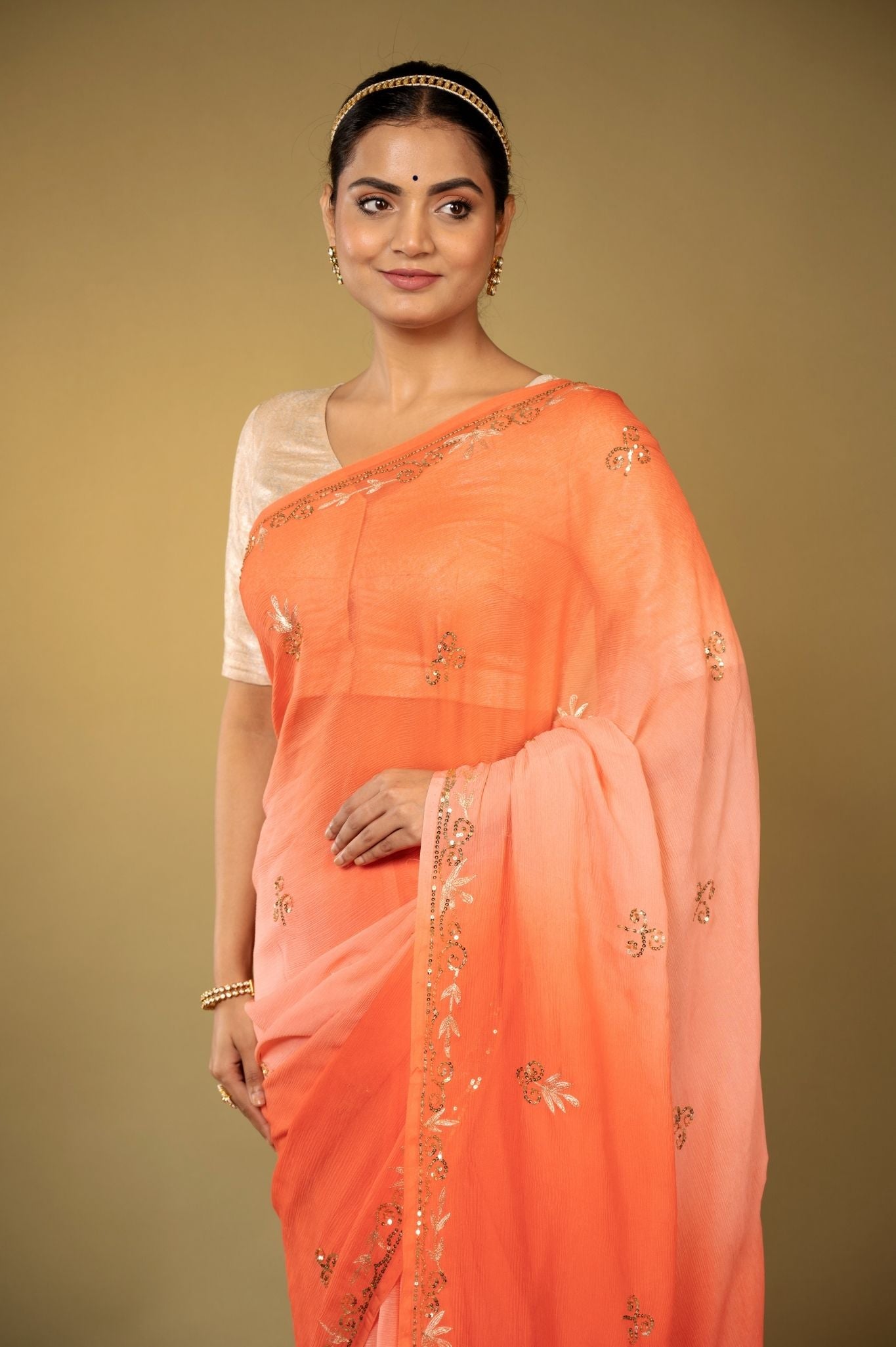 Peach light dark Viscose Chiffon aari sequins   handwork party wear saree