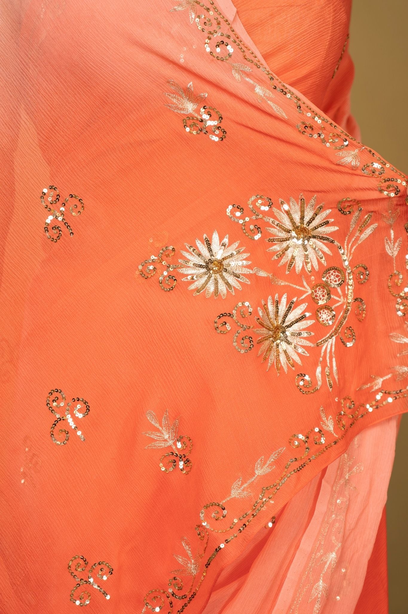 Peach light dark Viscose Chiffon aari sequins   handwork party wear saree