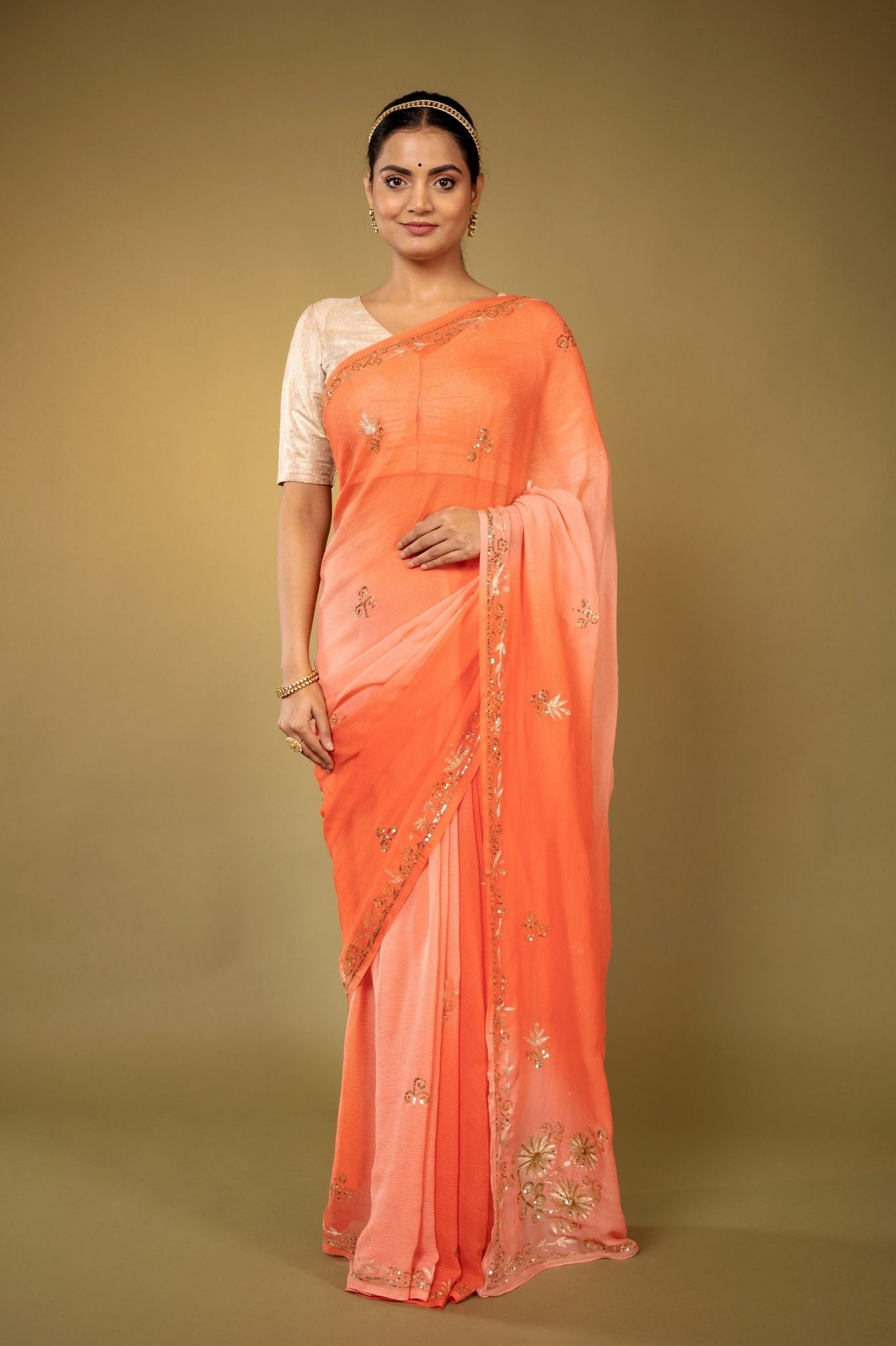 Peach light dark Viscose Chiffon aari sequins   handwork party wear saree