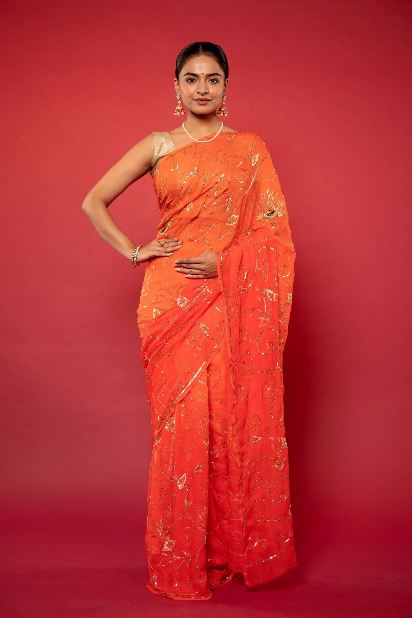 Orange Viscose Chiffon sequins  jaal  Handwork party wear saree