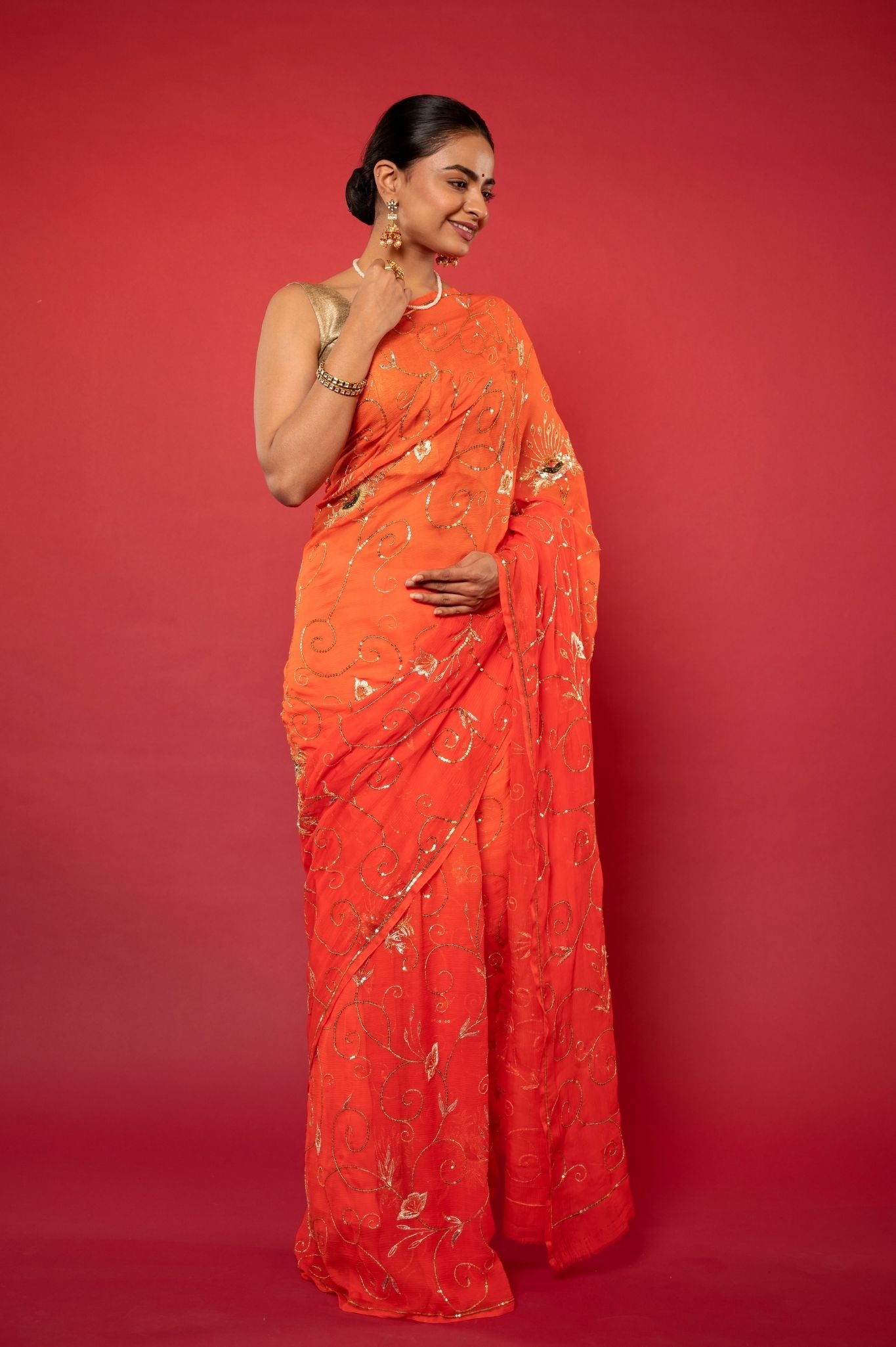 Orange Viscose Chiffon sequins  jaal  Handwork party wear saree