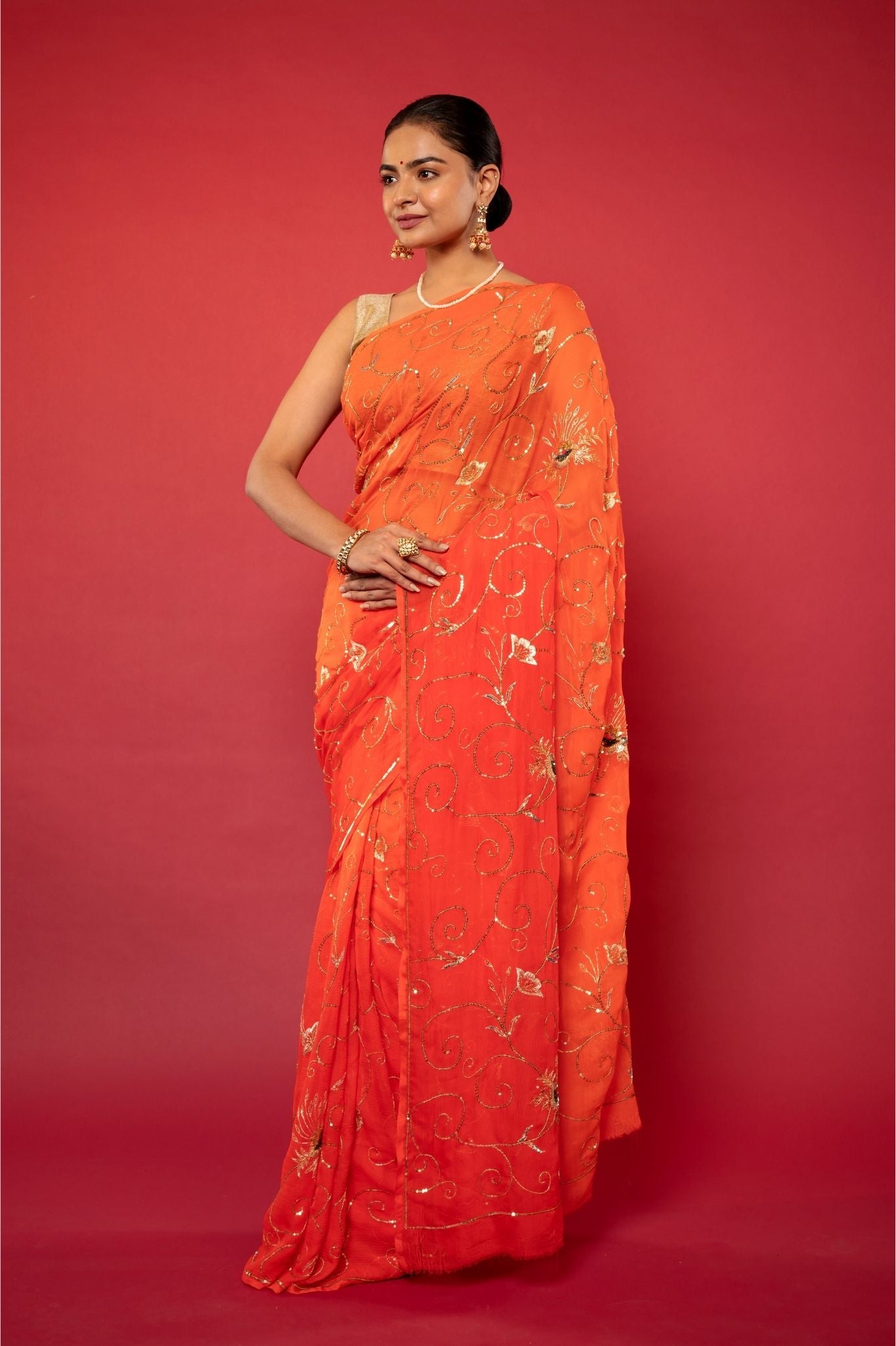 Orange Viscose Chiffon sequins  jaal  Handwork party wear saree