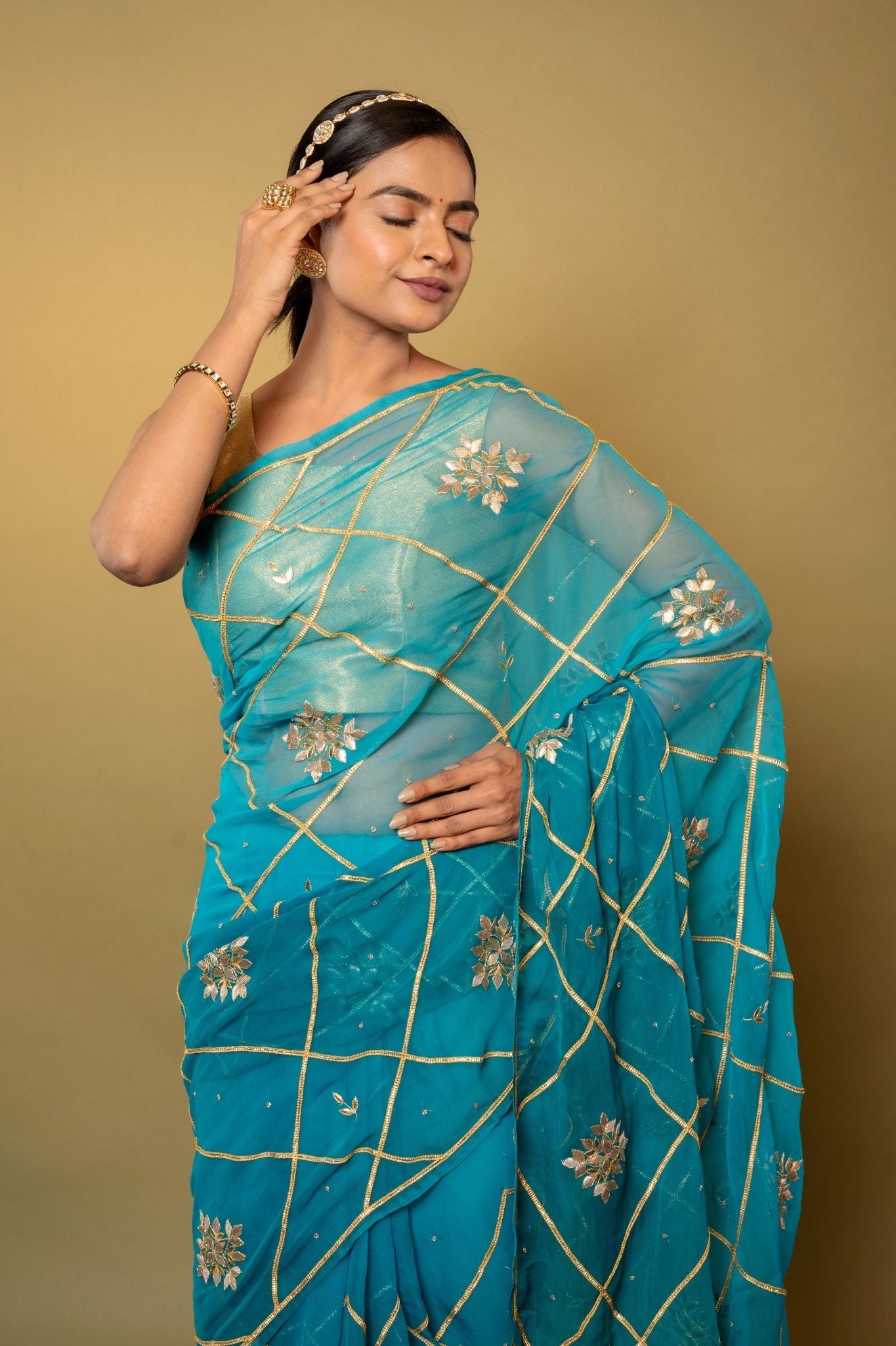 rama blue Viscose Chiffon Sikhiya Gottapati Jaal handwork party wear saree