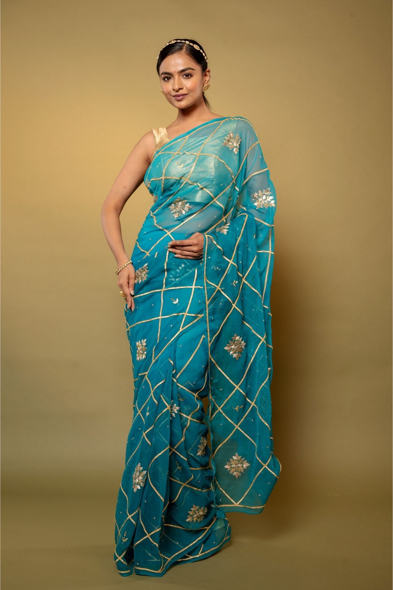 rama blue Viscose Chiffon Sikhiya Gottapati Jaal handwork party wear saree