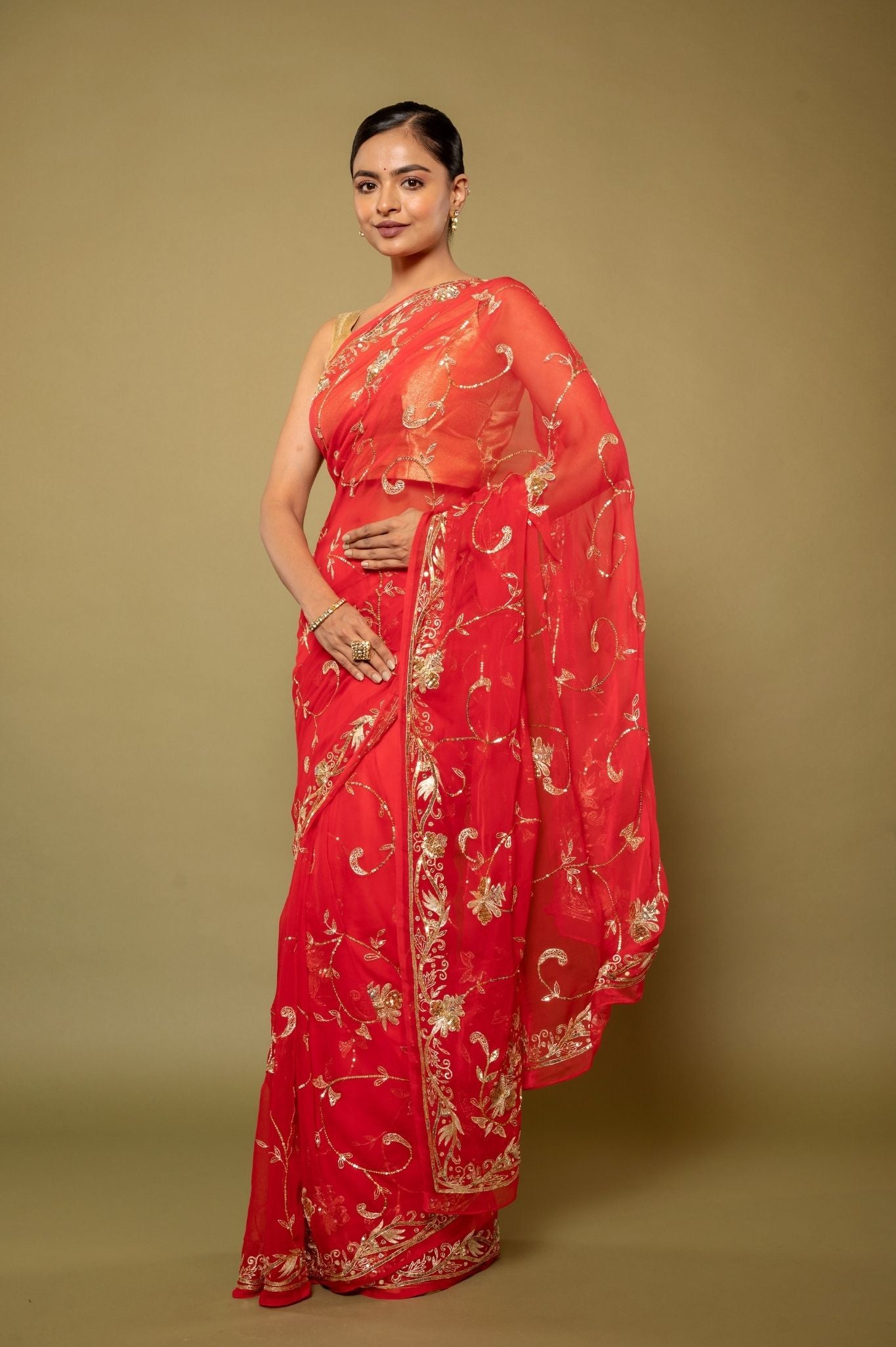 Tamatri Red Viscose  aari sequins  jaal handwork saree