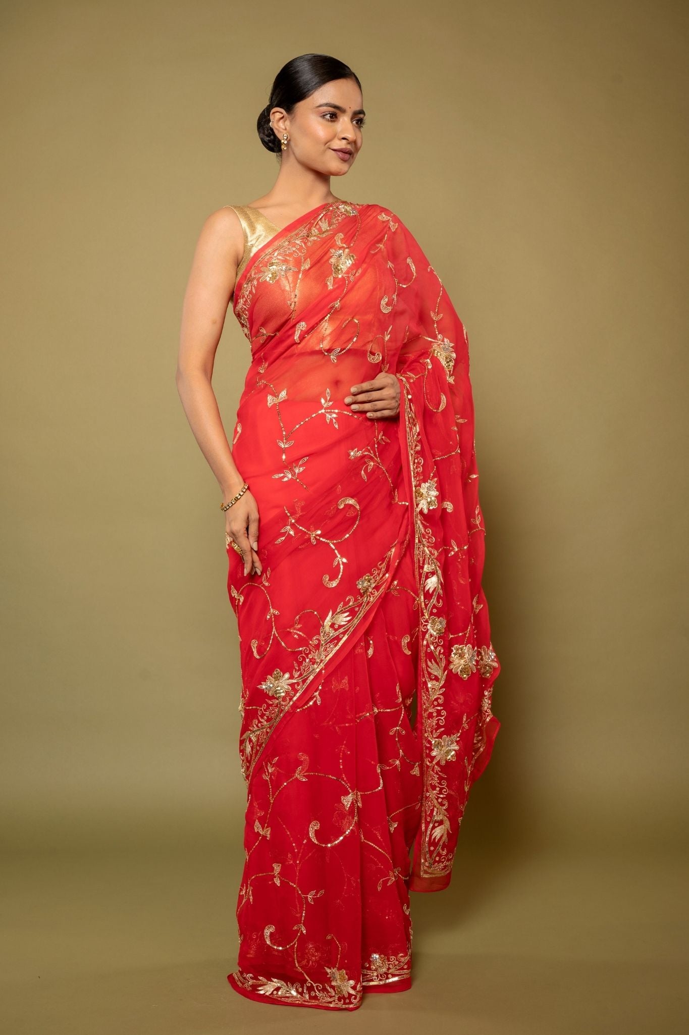 Tamatri Red Viscose  aari sequins  jaal handwork saree