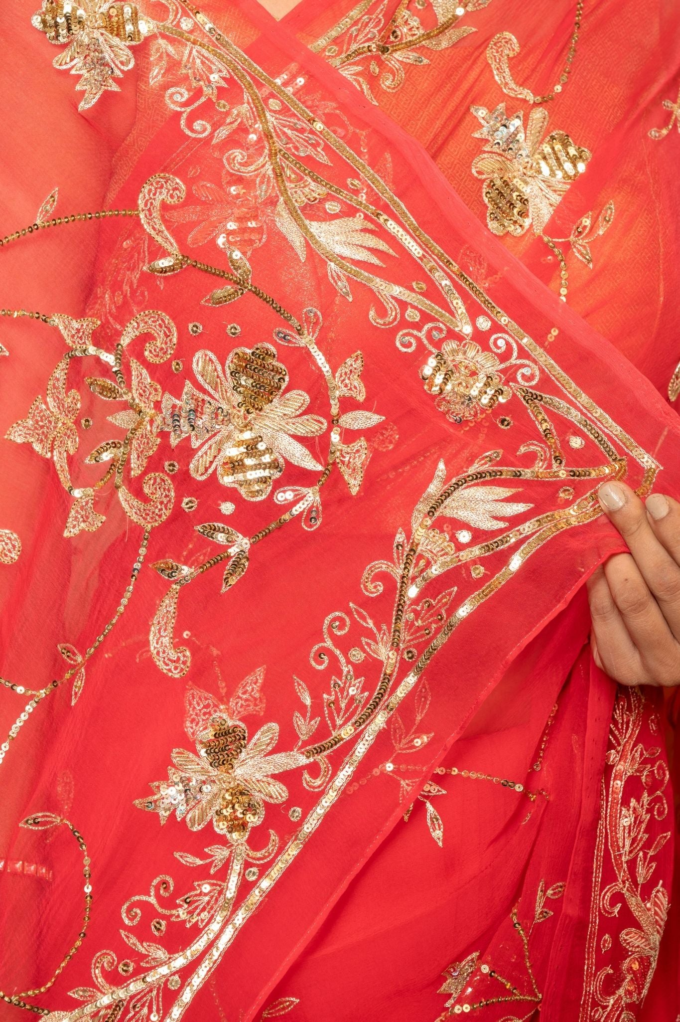 Tamatri Red Viscose  aari sequins  jaal handwork saree