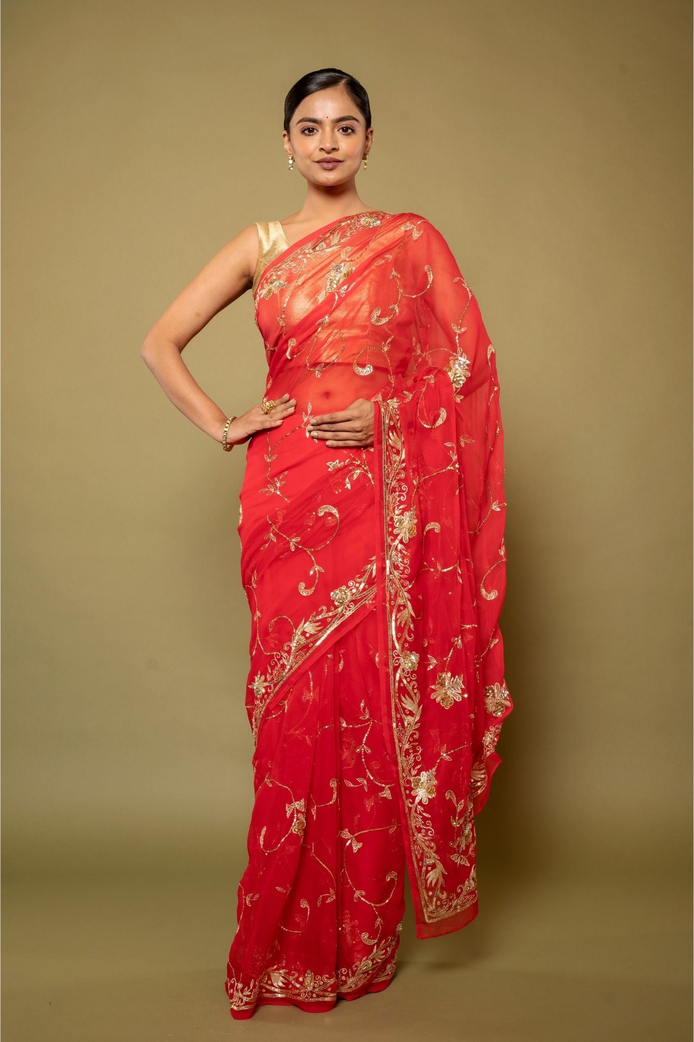 Tamatri Red Viscose  aari sequins  jaal handwork saree