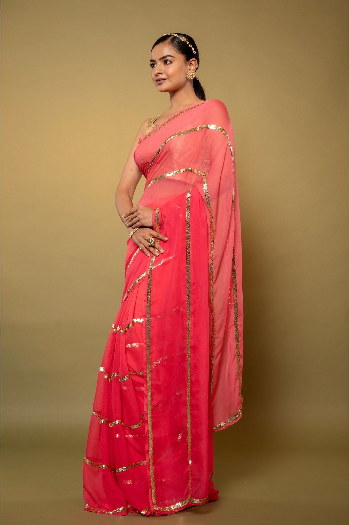 Neon Pink pure platinum Chiffon sequins   handwork saree