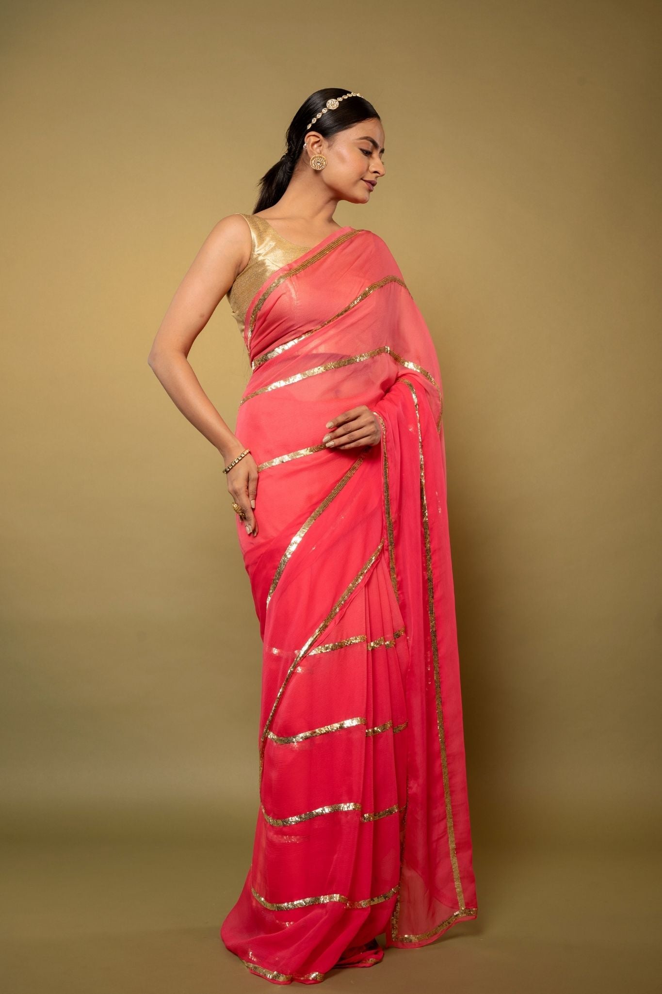 Neon Pink pure platinum Chiffon sequins   handwork saree
