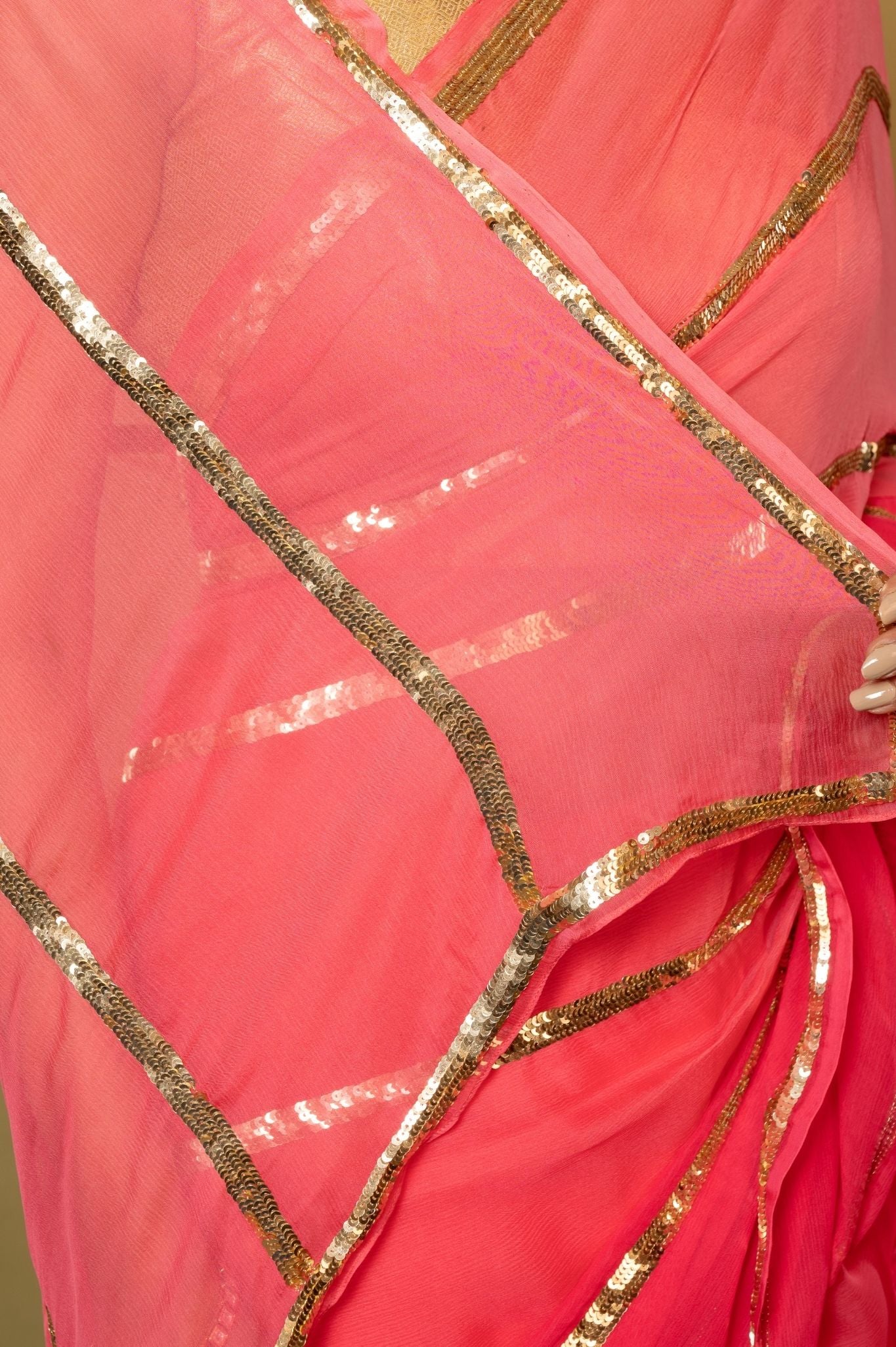 Neon Pink pure platinum Chiffon sequins   handwork saree