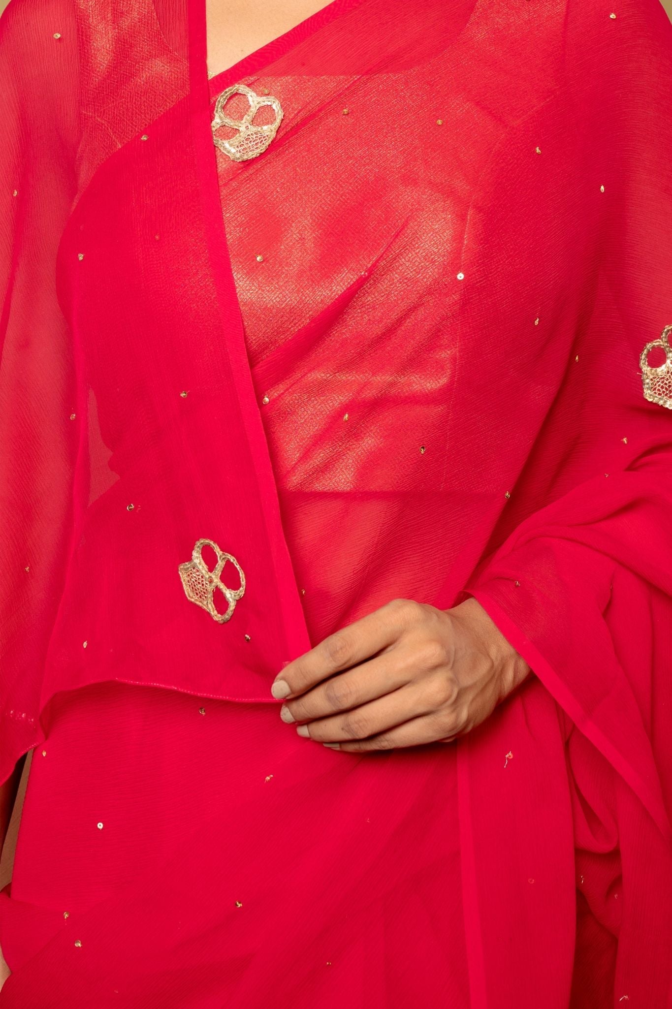 Raspbeery red pure platinum Chiffon real silver butti  handwork saree